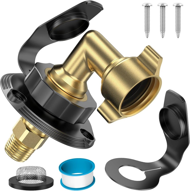 YAKADE RV Water Inlet Replacement City Water Fill Inlet with Check Valve Brass Elbow Connection Hose Connector Hookup for Camper (Black) - Image 1